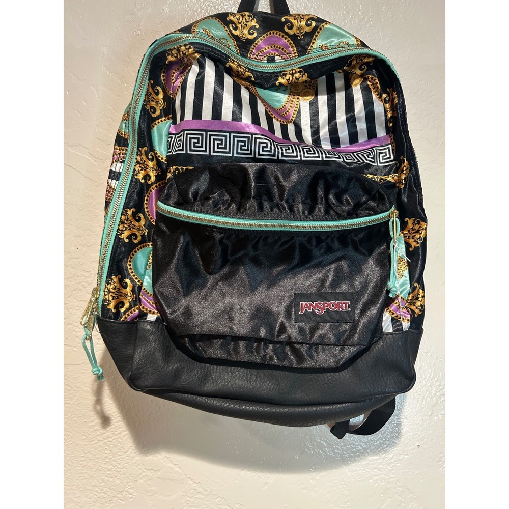 Jansport Baroque Print Backpack Black Gold‎ Chain Greek Key Striped Bookbag